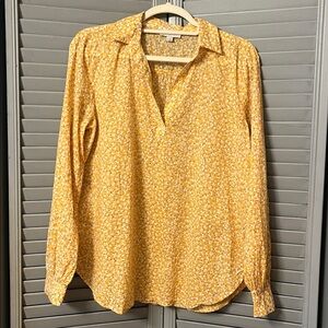 LOFT Yellow Floral V-Neck Pullover Blouse, 100% Cotton Long Sleeves, Sz M